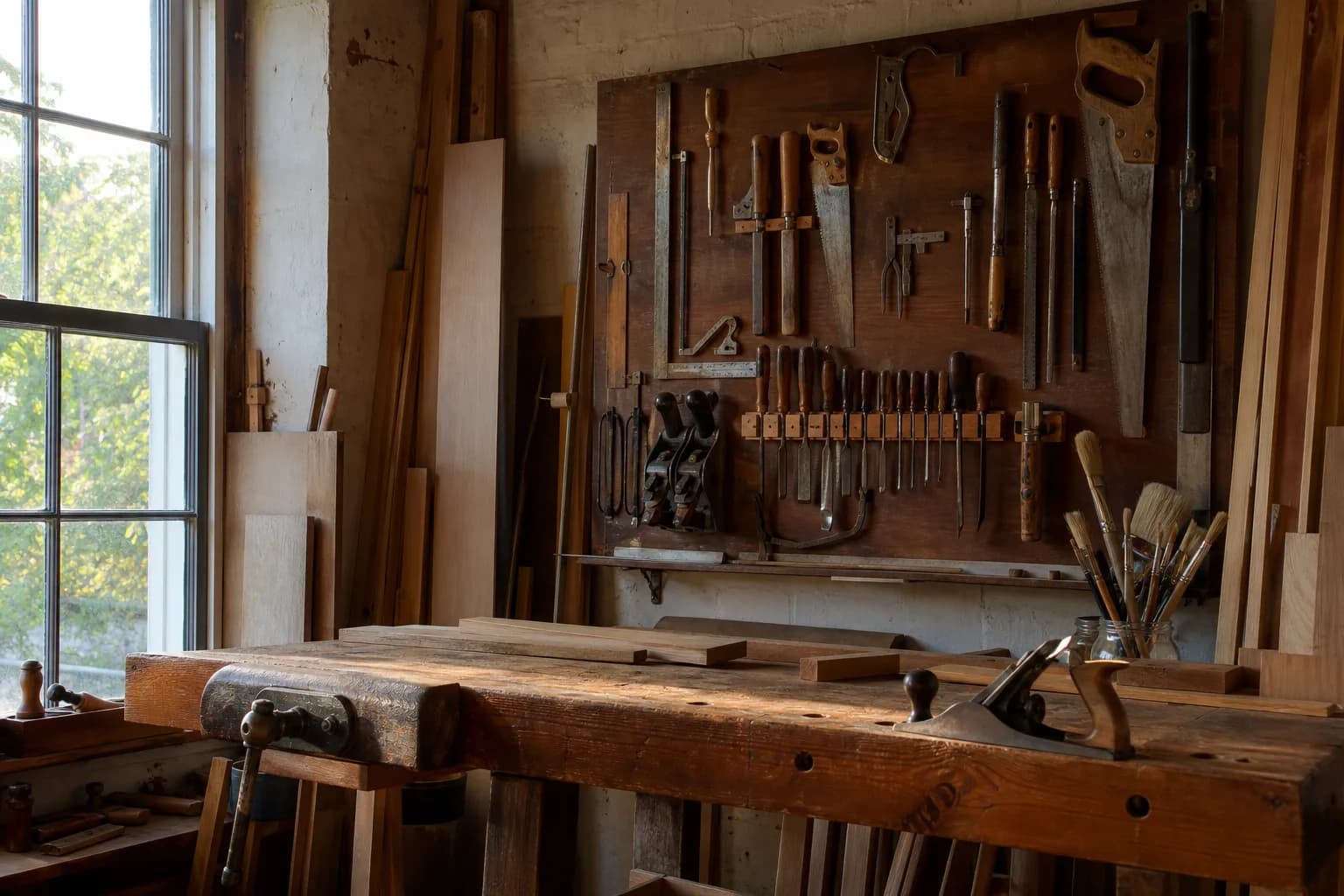 A traditional craftsman's workshop with hand tools on a pegboard and a timber workbench