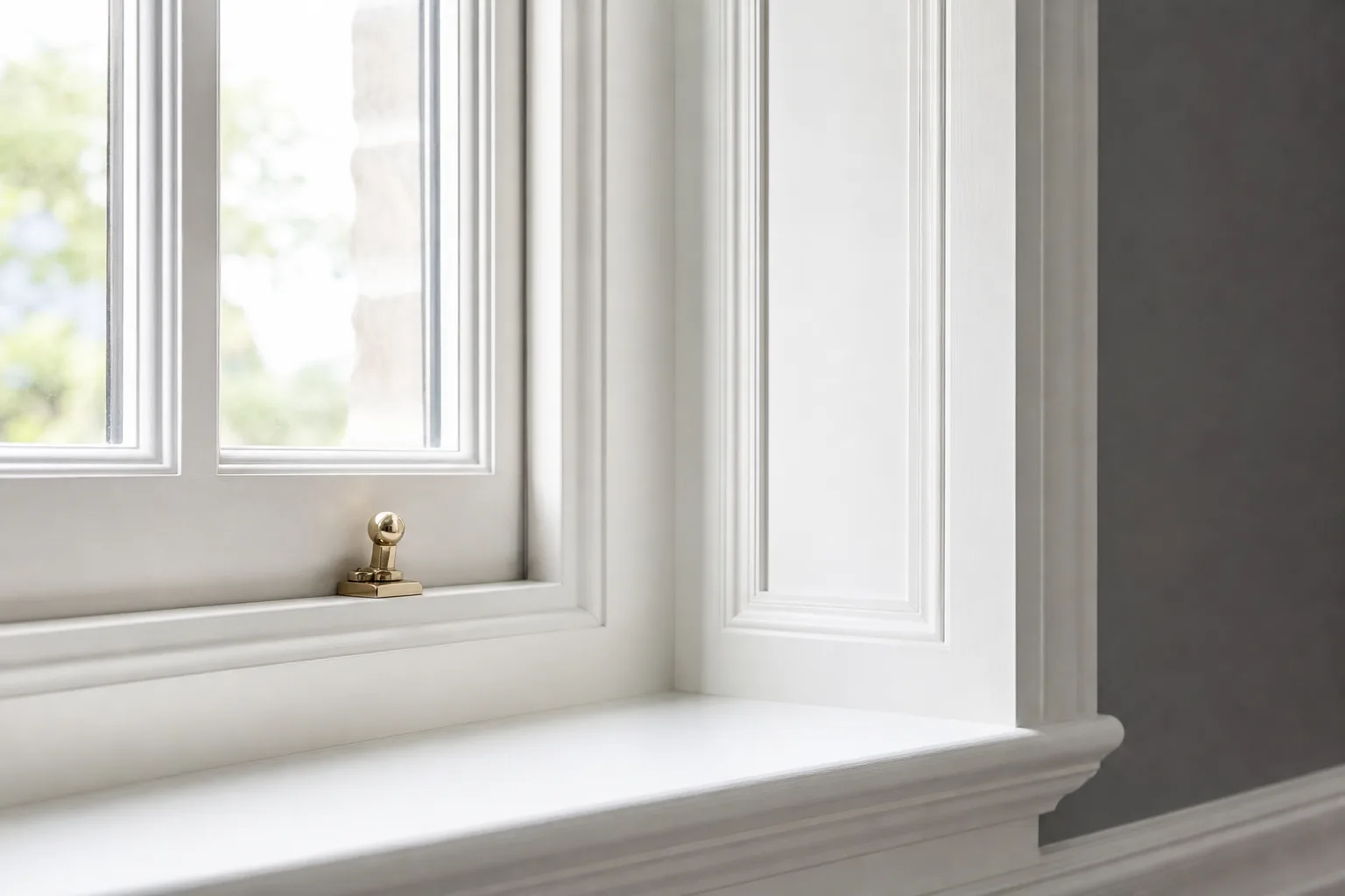 A restored window reveal with crisp fresh paintwork and a polished brass window catch