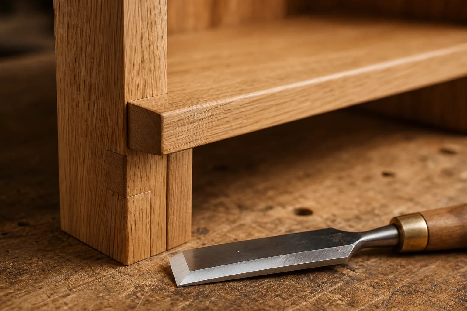 Hand-finished timber joinery, a fitted shelf and a chisel resting on a workbench