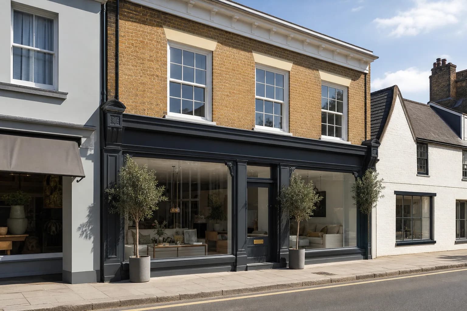 Well-maintained small commercial building and shopfront on a British high street