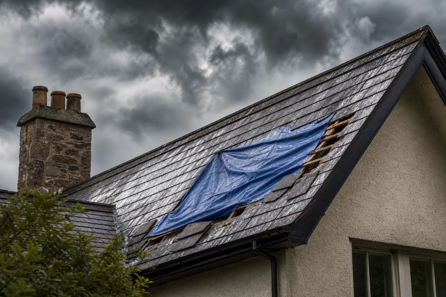 A storm-damaged pitched slate roof with a blue tarpaulin pulled over missing tiles under dark clouds