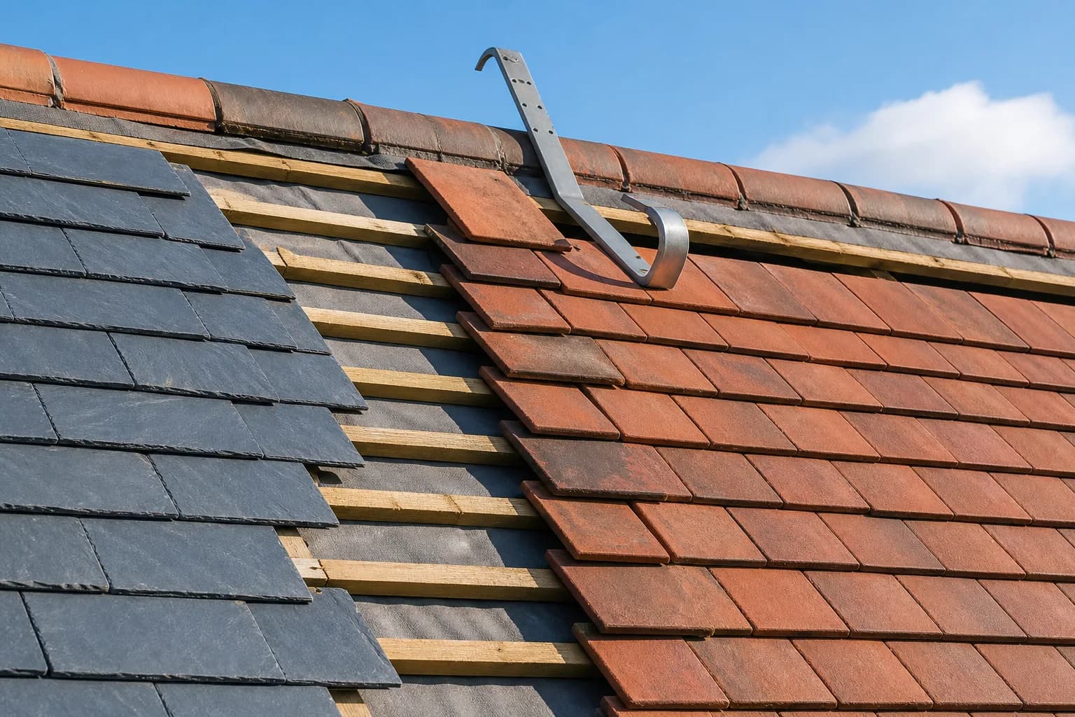 A pitched roof mid-repair with fresh red clay tiles and grey slate being re-laid over timber battens