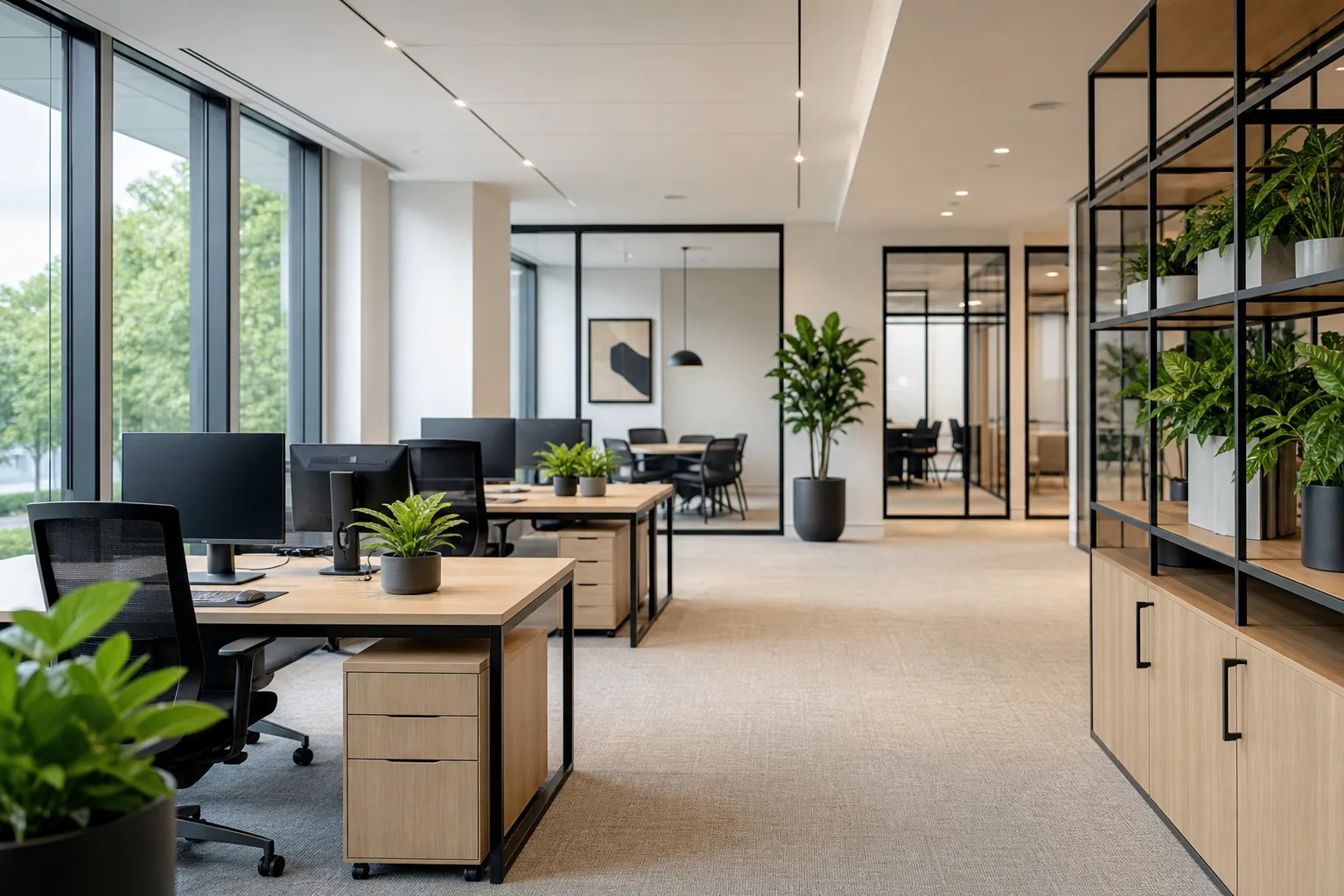 Clean, well-maintained office interior with tidy desks and healthy plants in daylight